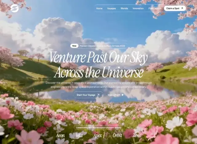Space Voyage site hero with a planet field behind the headline.