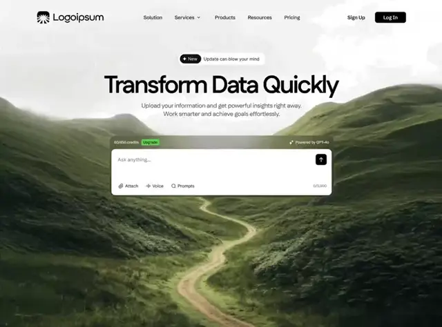 Transform Data dashboard site showing a reporting layout above the fold.