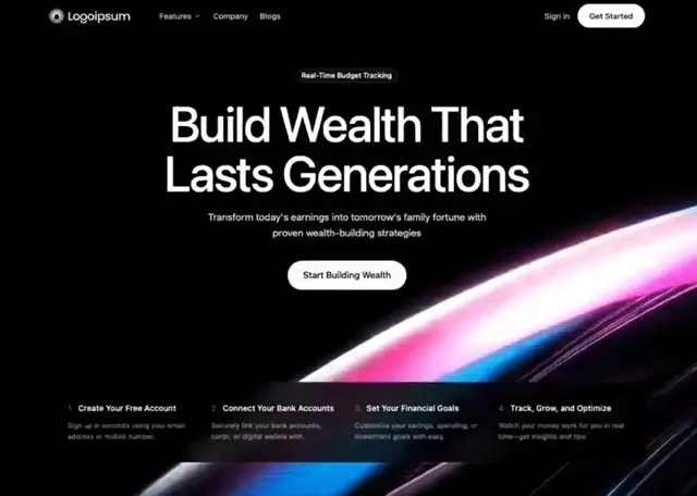 Wealth finance site hero with a returns panel beside the headline.